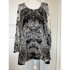 Live & Let Live Womens Tunic Size 2X Top Black White Baroque Velour Long Sleeve